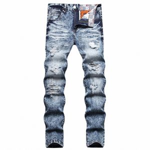 2022Autumn och vintermärke rippade jeans mäns koreanska versi ljus färg trend elastiska små fötter fi stora smala byxor 51 ku#