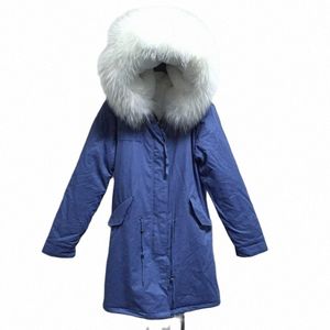 new Style Lg Parka Blue Cott Shell With Pure White Faux Fur Lining Winter Overcoat For Men&Women E4xK#