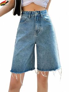 dfrcaeg 2023 Summer Jean Shorts Women Street Wear High Waist Burrs Wide Leg Half Length Bermuda Denim Shorts Woman Hot Sale k2fS#