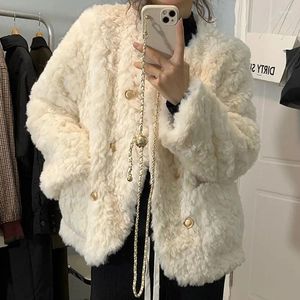 Damenjacken AYUALIN Eleganter lockerer weißer Mantel Vintage Oversize Boho Wollmäntel für Frauen Casual O-Ausschnitt Langarm Winter 2024