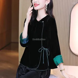 Ethnic Clothing 2024 Chinese Improved Velvet Tang Suit Top Spring Retro Fashion Long Sleeve V-neck Loose Casual Style Blouse S906