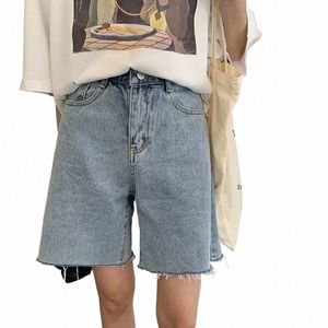 2024 Sommarkvinnor Hög midja bred ben denim shorts byxor rumpa casual kvinnlig fi streetwear fasta färgstrakt jeans y15u#