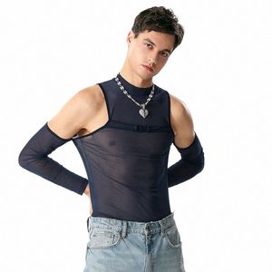 Incerun Tops 2024 American Style New Mens See-Through Mesh Buckle Design T-shirts Casual Sexig Hollow LG Sleeved Camiseta S-5XL X4WG#