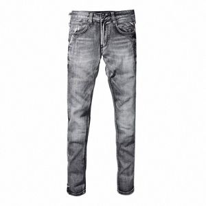 newly Vintage Fi Men Jeans High Quality Retro Dark Gray Stretch Slim Fit Ripped Jeans Men Casual Designer Denim Pants Homme G7CP#