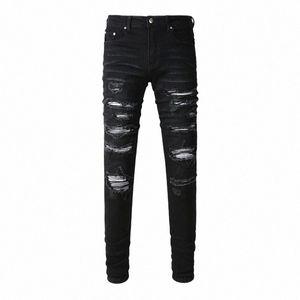 High Street Fi Men Jeans Retro Black Grey Stretch Chude Fit Ripped Dżinsy Patched Designer Hip Hop Brand Pants Hombre P5ej#