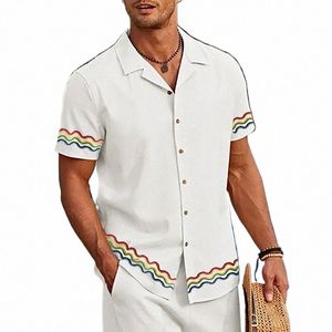 camisa hawaiana c estampado de curva dobrada para homem, ropa masculina c solapa de vacacies, manga corta, Top informal a la moda, ropa de cal P2bA#