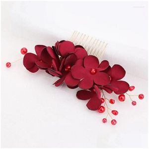 Grampos de cabelo Barrettes Noiva Pente Ornamentos Flor Vermelha Handmade Headdress Requintado Beautif Elegante Mulheres Senhora Nupcial Drop Delivery Jewe Otebf