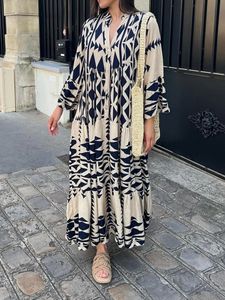 Elegant sommar maxi klänning kvinnor casual streetwear vintage geometric v nack boho strand långa lösa klänningar kvinnliga vestidos 240318