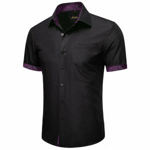 2023 NOWOŚĆ Black Purple Solid Cott Deslable Men krótkie koszule Summer Summer Busin Regular Fit Bluzja