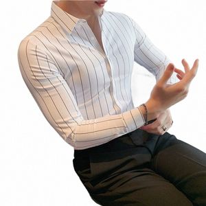 Camisas de hombre yüksek kaliteli erkekler sosyal gömlekler lüks Kore giyim ince fit lg kollu erkekler için resmi çizgili gömlekler sıcak l3fy#