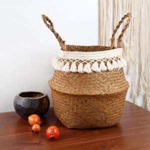 Baskets Foldable Handwoven Wicker Storage Baskets Potted Planter Laundry Basket Folding EcoFriendly Boho Rattan Hanging Basket Seagrass