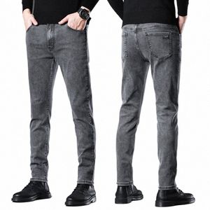 2024 Spring New Style Men's Slim Fit Stretch Smoke Gray Jeans Classic Style Busin Fi Denim Pants Cott Trousers k99S#