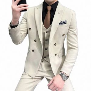 blazer+vest+pants Groom Wedding Male Suits Luxury Brand Fi Solid Color Men's Casual Busin Office Double Breasted Suit c3oI#