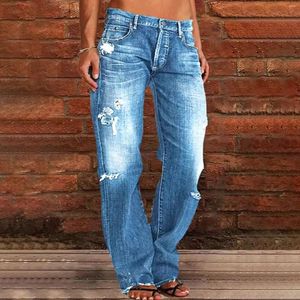 Kvinnors jeans raka ben för kvinnor hög midja last rippad hem låg avslappnad fast färg stretchbyxor streetwear 2024