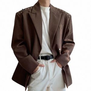 fewq Suit Top Spring New Metal Shoulder Design Sense2024 Lg Sleeve Korean Fi Double Breasted Male Tops 24X6092 T3m0#