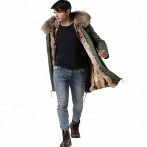 Hot Sales Italy Male Real Racco päls kragejacka Mrs Fur fodrad LG Parka med faux kanin päls vinter manliga rockar g2fe#