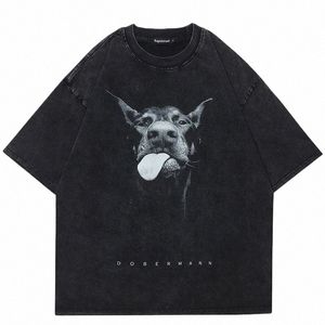 男性のヒップホップ特大のウェドブラックTシャツストリートウェアドーバーマンドッググラフィックTシャツハラジュクコットルースサマートヒップスター754i＃