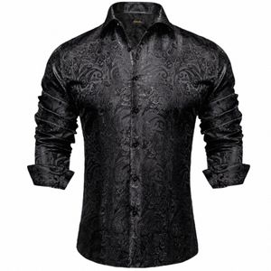 Herr LG Sleeve Black Paisley Silk Dr Shirts Casual Tuxedo Social Shirt Luxury Designer Men Clothing J4MT#