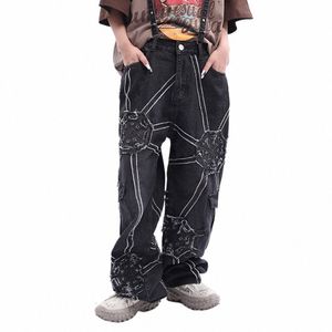 Oversized hip hop calças de perna larga homens y2k punk gráfico em linha reta calças soltas preto legal rap alta rua calças jeans baggy t5pj #