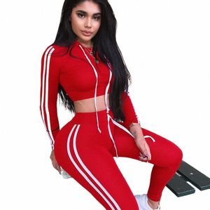 Fitn Sıradan 2 Parça Set Trailsuit Kadınlar Yan Çizgili Hoodies Kırpılmış Üstler ve Pantolon Jogger İki Parça Kıyafetler Chandal Mujer V8BK#