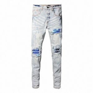 street Fi Men Jeans Retro Light Blue Butts Fly Stretch Skinny Fit Ripped Jeans Men Patched Designer Hip Hop Brand Pants 60JV#