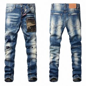 Fi Streetwear Men Jeans Retro Blue Elastic Slim Fit Ripped Biker Jeans Jeans Men Patch Pocket Designer Hip Hop Denim Pants Hombre L7FQ＃