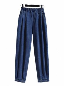Nya 2023 Autumn Plus Size Jeans för kvinnor Hög elastisk midja Löst blå svart färg jeansbyxor koreanska fi casual byxor i96a#