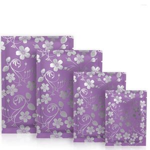 Storage Bags 100Pcs/Lot Purple Flower Printed Open Top Mylar Bag Heat Vacuum Seal Tear Notch Food Ground Coffee Bean Tea Pack Pouches