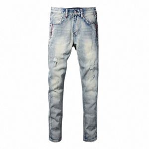 fi vintage män jeans högkvalitativ retro ljusblå stretch smal fit rippade jeans män broderi patch designer denim byxor r93y#