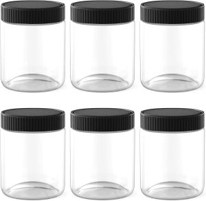 Jars 8 Oz Clear Plastic Jars with Black Lids Refillable Kitchen Storage Containers for Dry Food, Coffee, Nuts and More, 6 Pack
