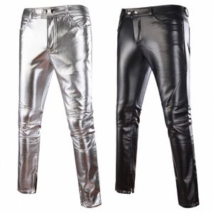 pantaloni da uomo neri pantaloni casual pantaloni da uomo skinny lucido oro Sier pelle PU moto discoteca palco per cantanti ballerini Y4uT #