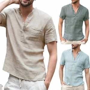 Camicie di lino a maniche corte estive T-shirt casual hip pop da uomo con colletto alla coreana Camicia a maniche corte Soild Camicie Buin Top k0WU #