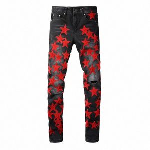 homens Red Stars Patches Stretch Denim Jeans Streetwear Buracos Calças Rasgadas Skinny Calças Cônicas E3lT #