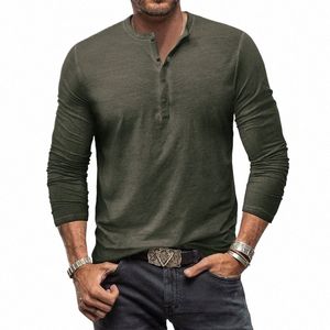 new Men's Cott Henley Shirt Lg Sleeve Shirt Basic Casual Band Collar T Shirts L5Qv#