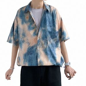 tie-dyed American short-sleeved shirt men's thin summer street hip hop plus fat shirt tide brand loose top Q0k0#