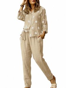 Zanzea Lässige Hosenanzüge mit Gürtel und elastischer Taille, O-Ausschnitt, 3/4-Ärmel, gepunktetes Hemd, Damen-Oberteil und Hose, Outfits, 2-teiliges Hosen-Set F5H0 #