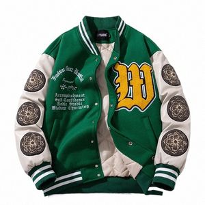 Vintage Varsity Jacket Uomo Inverno Lettera Ricamo Giacca da baseball Donna Manica in pelle Fi Cappotto di lana casual Parka verde A0vF #