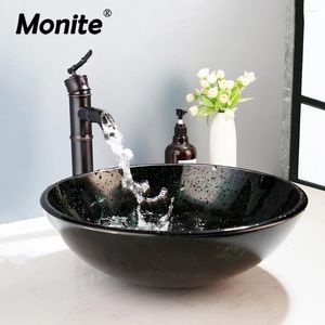 Bathroom Sink Faucets Monite Green Tempered Glass Washbasin Lavatory Bamboo Waterfall Soild Faucet Retro Combine Mixer Tap