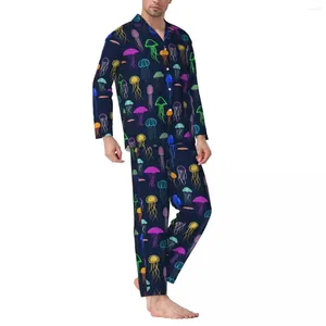 Home Abbigliamento Pigiami Uomo Gelatine colorate Indumenti da notte Stampa meduse 2 pezzi Pigiama vintage a maniche lunghe Abito oversize Kawaii