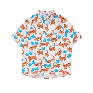 Sycpman överdimensionerad casual skjorta Mens Summer Tiger Print Man Studenter Mångsidig Par Fi Clothing Trends Beach Shirts X3HJ#