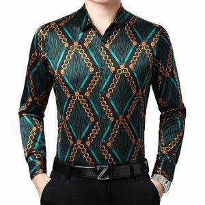 Plaid 3D Print Silk Dr Men Shirt Smooth Luxury LG Sleeve Gentleman Fi Casual Soft Bekväm kvalitet Camisa Masculina J255#