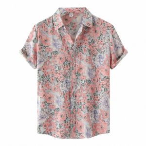 summer Blouse Male Hawaii Floral Printed Shirt Short-Sleeved Cardigan Casual Tops Turn-Down Collar Shirt Beach Mens Blouses Y8Rg#