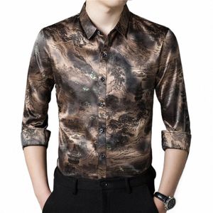 High-end Silk Dr Shirt Men Vintage Print LG Sleeve Loose Fit Spring New Quality Smooth Fi Camisa Masculina T1wk#