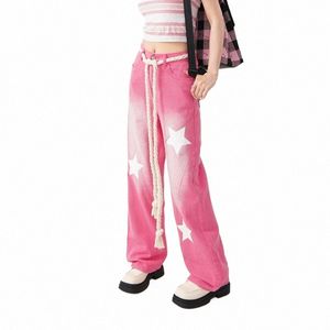 delle donne Blu Rosa Jeans Baggy a vita alta Fi pantaloni di jeans dritti Harajuku Vintage Streetwear Y2k Wide Star Jeans Pantaloni q6UH #