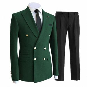 slim Fit Formal Men's Suits Green Coat Black Trousers Double Breasted Luxury Costume Blazer Terno Fi Two Piece Jacket Pants h0Ek#