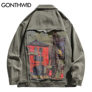 Gonthwid Hip Hop Denim Jacket Streetwear Mens Vintage Målning Rippade Jean Coats Harajuku Autumn Cotton Jackets Green Khaki 240319