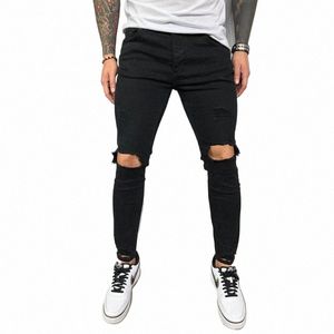 high street fi män mager tiggar jeans byxor hiphop förstörde rippade manliga hål blyerts denim byxor s6sw#