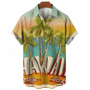 Ny Hawaiian herrskjorta strand Cocut Tree Print skjorta för män lopel hals rumpa kort ärm topp fi manliga klädblus g5ig#