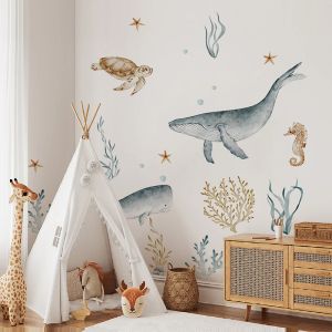 Stickers Large Watercolor Sharks Wall Decals Ocean Animal Wall Sticker Under The Sea Marine Life Theme Decals Nursery Kids Room Decor