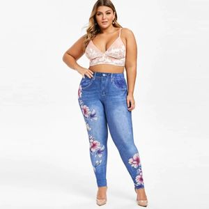 Womens Winter Beautiful Flower Faux Denim Jeans Pants Ladies Skinny Pockets Trousers High Quality Clothing Plus Size L-6XL 240315